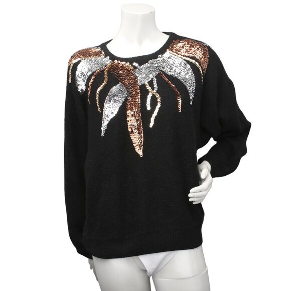 Vintage 80s Cristina's Sequin Sweater Silk Angora Wool Black Gold Silver NYE - Picture 1 of 7